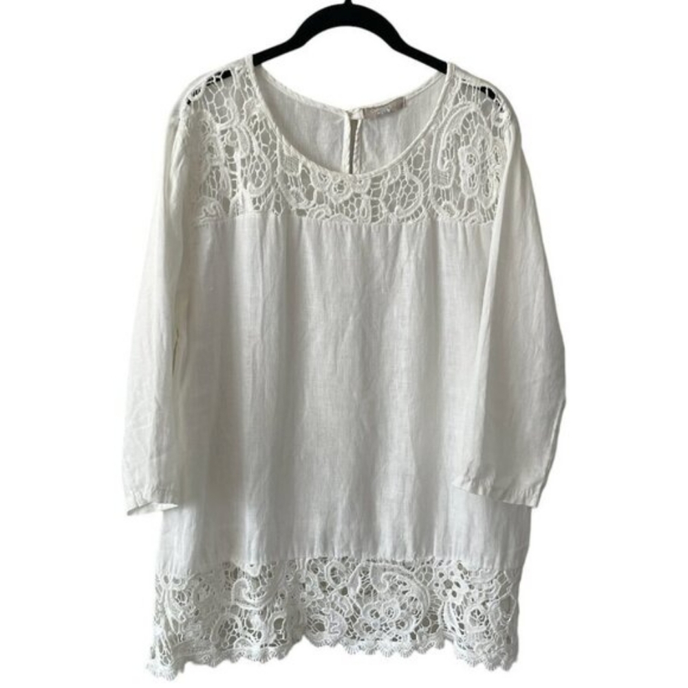 Carina Ricci White LinenCrochet Accent Round Neck 3/4 Sleeve Blouse, Medium
